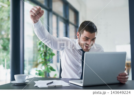 Businessman, happy and celebrate with laptop for success in office for stock market or winner in company. Wow, victory and omg with good news, milestone and bonus or promotion in accounting firm. Businessman, happy and celebrate with laptop for success in office for stock market or winner in company. Wow, victory and omg with good news, milestone and bonus or promotion in accounting firm. 143649224