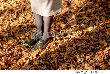 Black loafers with gold chain buckle, standing on autumn leaves. Woman legs in gray tights, fallen foliage covering forest floor. Stylish footwear detail, trendy metallic accessory, fall 143649295