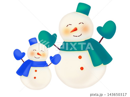 青と緑の大小雪だるまペアの手描き水彩風イラスト 143650317