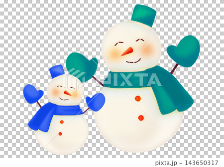 青と緑の大小雪だるまペアの手描き水彩風イラスト 143650317