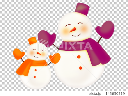 A hand-drawn watercolor-style illustration of a pair of orange and purple snowmen, one large and one small. A hand-drawn watercolor-style illustration of a pair of orange and purple snowmen, one large and one small. 143650319