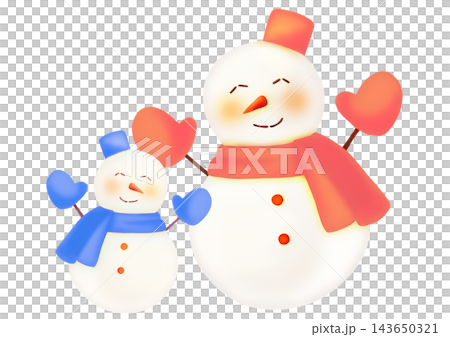 A hand-drawn watercolor-style illustration of a pair of snowmen, one large and one small, in light blue and pink. A hand-drawn watercolor-style illustration of a pair of snowmen, one large and one small, in light blue and pink. 143650321