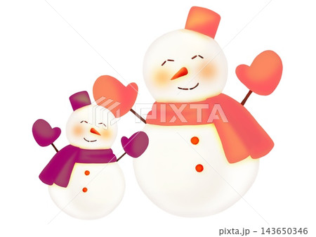 紫とピンクの大小雪だるまペアの手描き水彩風イラスト 紫とピンクの大小雪だるまペアの手描き水彩風イラスト 143650346