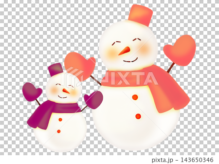 紫とピンクの大小雪だるまペアの手描き水彩風イラスト 紫とピンクの大小雪だるまペアの手描き水彩風イラスト 143650346