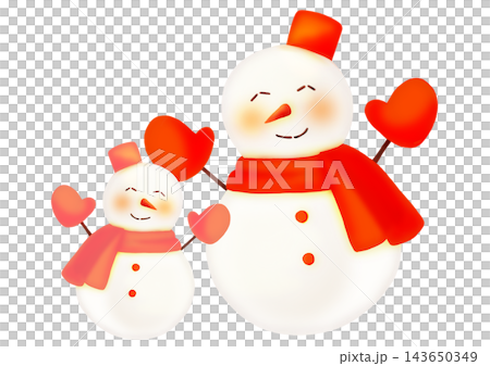 A hand-drawn watercolor-style illustration of a pair of pink and red snowmen, one large and one small. A hand-drawn watercolor-style illustration of a pair of pink and red snowmen, one large and one small. 143650349