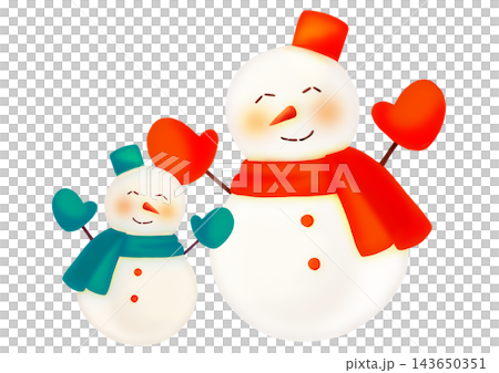 A hand-drawn watercolor-style illustration of a pair of large and small green and red snowmen. A hand-drawn watercolor-style illustration of a pair of large and small green and red snowmen. 143650351