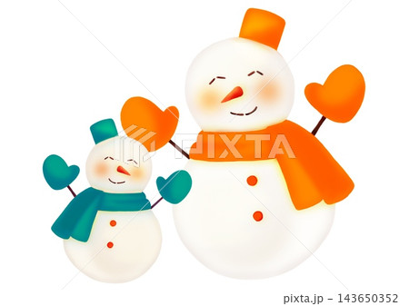 緑とオレンジの大小雪だるまペアの手描き水彩風イラスト 緑とオレンジの大小雪だるまペアの手描き水彩風イラスト 143650352