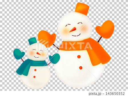 緑とオレンジの大小雪だるまペアの手描き水彩風イラスト 緑とオレンジの大小雪だるまペアの手描き水彩風イラスト 143650352