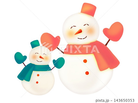 緑とピンクの大小雪だるまペアの手描き水彩風イラスト 緑とピンクの大小雪だるまペアの手描き水彩風イラスト 143650353