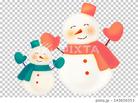 緑とピンクの大小雪だるまペアの手描き水彩風イラスト 緑とピンクの大小雪だるまペアの手描き水彩風イラスト 143650353