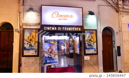 Cefalu, Italy. 22 August 2026. Urban landscape. Neon sign with the inscription: Cinema Di Francesca. 143650447