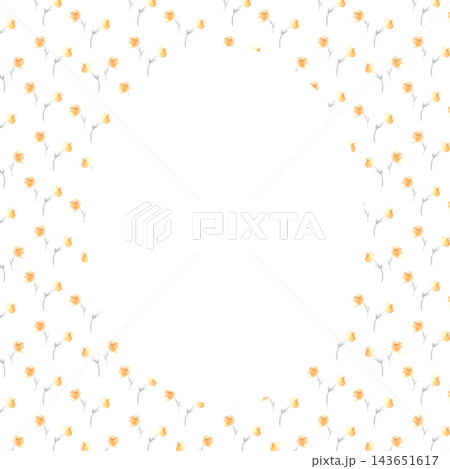 Floral frame with delicate orange watercolor wildflowers on thin stems isolated. Small botanical elements along the edges and blank center for text. Drawing blooms for kids invitations or cards. Floral frame with delicate orange watercolor wildflowers on thin stems isolated. Small botanical elements along the edges and blank center for text. Drawing blooms for kids invitations or cards. 143651617