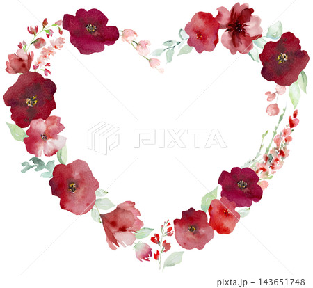 Watercolor floral heart frame with red flowers, isolated floral illustration for stationery Watercolor floral heart frame with red flowers, isolated floral illustration for stationery 143651748