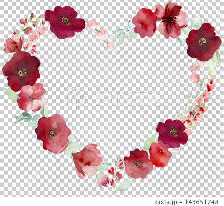 Watercolor floral heart frame with red flowers, isolated floral illustration for stationery Watercolor floral heart frame with red flowers, isolated floral illustration for stationery 143651748
