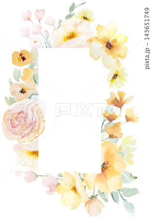 Floral frame with watercolor light yellow flowers, botanical isolated illustration with copy space Floral frame with watercolor light yellow flowers, botanical isolated illustration with copy space 143651749