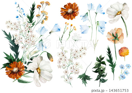 Watercolor bouquet and elements clipart with blue, ivory and orange flowers for event stationery Watercolor bouquet and elements clipart with blue, ivory and orange flowers for event stationery 143651753