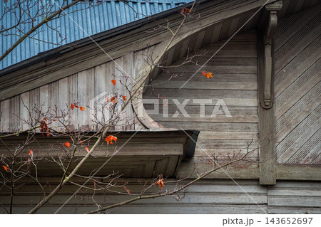 Vintage Wooden Art Nouveau Gable Framed by Autumn Tree Branches 143652697