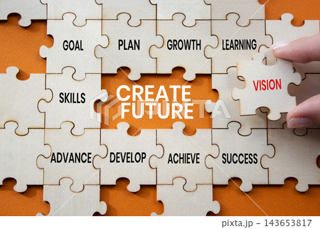 Create future symbol. Concept words create future on wooden puzzle pieces. Businessman hand. Beautiful orange background. Career development concept. Copy space. Create future symbol. Concept words create future on wooden puzzle pieces. Businessman hand. Beautiful orange background. Career development concept. Copy space. 143653817