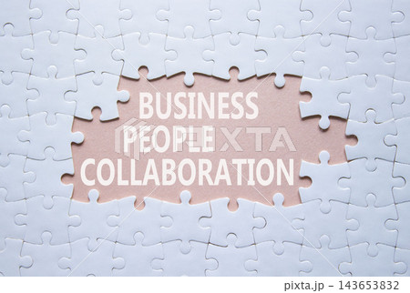 Business People Collaboration symbol. White puzzle with words Business People Collaboration. Beautiful pink background. Business concept. Copy space. Business People Collaboration symbol. White puzzle with words Business People Collaboration. Beautiful pink background. Business concept. Copy space. 143653832