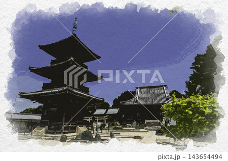 水彩画風　餘慶寺　三重塔　岡山県瀬戸内市 143654494
