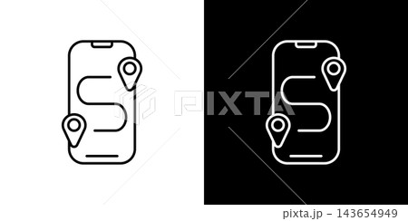 スマホでルート検索するコンセプトのアイコン。白と黒のベクターイラストセット スマホでルート検索するコンセプトのアイコン。白と黒のベクターイラストセット 143654949