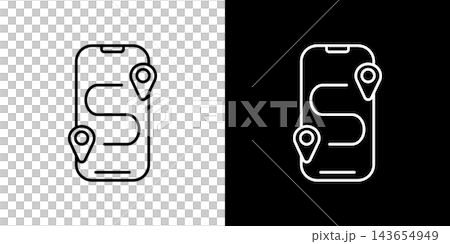 スマホでルート検索するコンセプトのアイコン。白と黒のベクターイラストセット スマホでルート検索するコンセプトのアイコン。白と黒のベクターイラストセット 143654949
