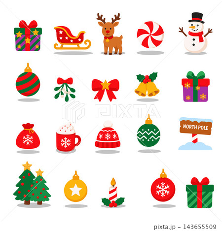 Flat Christmas set featuring snowman, reindeer, sleigh, presents, ornaments, and winter.Vector Illustration Flat Christmas set featuring snowman, reindeer, sleigh, presents, ornaments, and winter.Vector Illustration 143655509