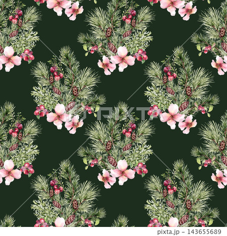 Fir twigs, red berries and soft pink blooms watercolor seamless pattern on dark background. Winter botanical backdrop of cranberry and coniferous branch. Repeat design for holiday surface decor. Fir twigs, red berries and soft pink blooms watercolor seamless pattern on dark background. Winter botanical backdrop of cranberry and coniferous branch. Repeat design for holiday surface decor. 143655689