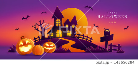 Paper Graphic Style Halloween Theme Banner with Group of Jack O Lantern 143656294