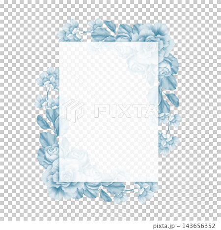 Delicate pale blue flowers and soft foliage form an airy ornamental frame with an open center. Gentle blue tones and graceful botanical details create an elegant, romantic design for invitations and Delicate pale blue flowers and soft foliage form an airy ornamental frame with an open center. Gentle blue tones and graceful botanical details create an elegant, romantic design for invitations and 143656352