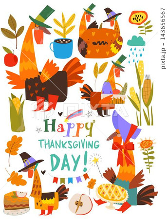 Cute Thanksgiving Set Composed of Funny Turkeys and Harvest Cute Thanksgiving Set Composed of Funny Turkeys and Harvest 143656567