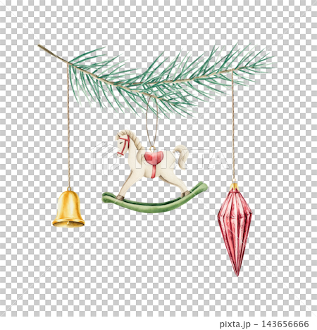 Watercolor Christmas fir branch with vintage toys isolated on white background. Hand drawn festive ornament illustration for New Year greeting cards. Retro rocking horse and golden bell clipart. Colle 143656666