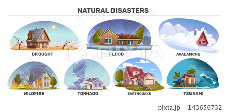 Natural disasters scene. Various natural disasters, force majeure events, destruction of residential buildings, avalanches, floods, tsunamis and tornadoes. Vector cartoon flat illustration Natural disasters scene. Various natural disasters, force majeure events, destruction of residential buildings, avalanches, floods, tsunamis and tornadoes. Vector cartoon flat illustration 143656732