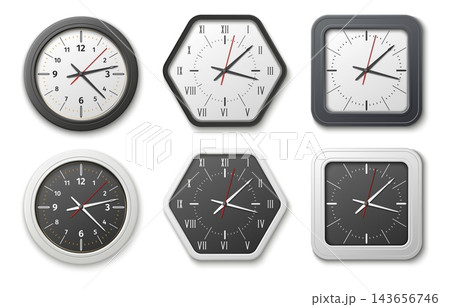 Realistic wall clock. Various shapes of dials. Square, round and polygonal analog timepiece frames. Office black and white watch with hands. Time measurement. Vector isolated timers set 143656746