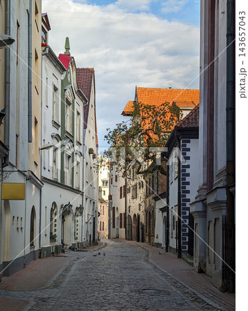 Old town historical view on ancient Alksnaja street in Riga Latvia Old town historical view on ancient Alksnaja street in Riga Latvia 143657043
