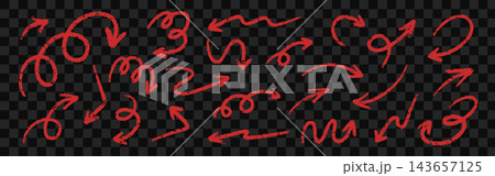 Red arrows with pen texture. Grunge wavy, spiral, circle and curve lines. Doodle pencil texture elements. Vector set on transparent background Red arrows with pen texture. Grunge wavy, spiral, circle and curve lines. Doodle pencil texture elements. Vector set on transparent background 143657125