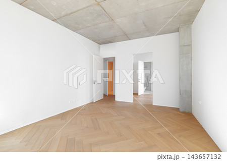 Modern empty apartment room interior mockup with white walls column and view to bathroom. 143657132