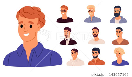 Male portraits. Avatars of people. Cartoon characters and man figures featuring various mustaches, beards, stylish hairstyles and glasses. Happy persons smiling. Human faces vector set Male portraits. Avatars of people. Cartoon characters and man figures featuring various mustaches, beards, stylish hairstyles and glasses. Happy persons smiling. Human faces vector set 143657163
