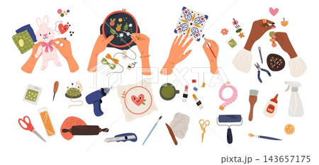 Cartoon craft supplies. Hobby accessories. Hands with embroidery. Jewelry making. Toy sewing and ceramic painting. Tools for DIY. Glue and needles. Artistic handicraft elements vector set Cartoon craft supplies. Hobby accessories. Hands with embroidery. Jewelry making. Toy sewing and ceramic painting. Tools for DIY. Glue and needles. Artistic handicraft elements vector set 143657175