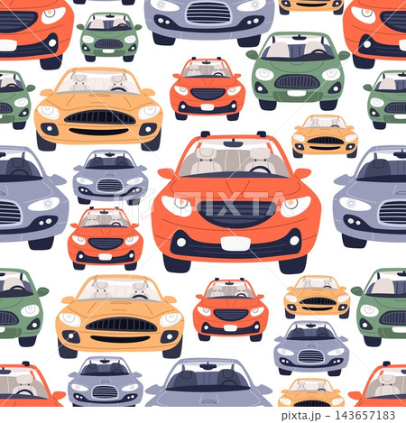 Multicolored driverless cars seamless pattern. Automobiles traffic. City transport parking and driving. Machines front view. Repeated print. Automotive empty cabins. Vector background 143657183