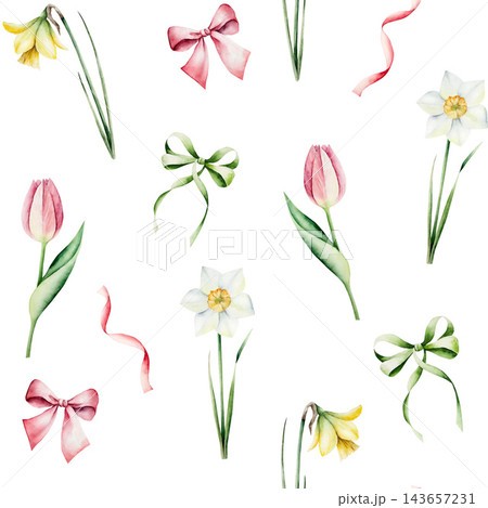 Watercolor spring seamless pattern with tulips, daffodils and narcissus. Hand drawn botanical background texture with ribbon bows for holiday gift wrapping paper. Delicate spring blossom repeat print  143657231