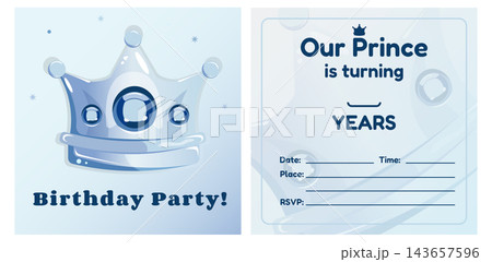 Prince birthday party invitation card template with crown, blue diamond and sparkling stars in pastel colors for birthday invitation. Prince birthday party invitation card template with crown, blue diamond and sparkling stars in pastel colors for birthday invitation. 143657596