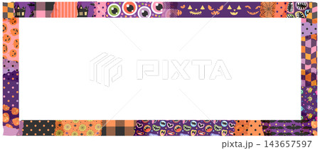 Colorful Halloween frame with monster eyes, pumpkins spiders, dots and plaid patterns, Fun collage border for banners and invitations Colorful Halloween frame with monster eyes, pumpkins spiders, dots and plaid patterns, Fun collage border for banners and invitations 143657597
