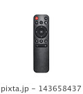 Black remote control with navigation, power, volume and menu buttons isolated on a white background 143658437