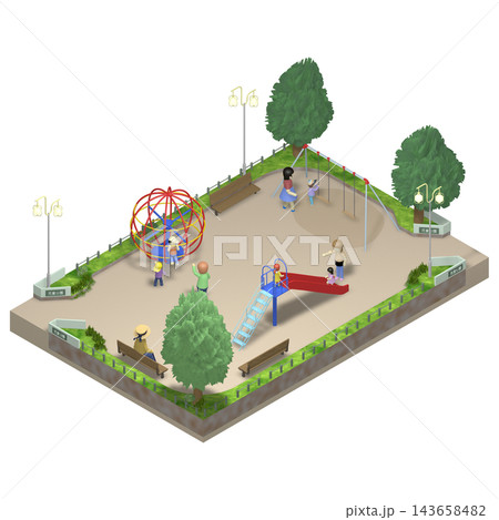 【アイソメトリック素材】児童公園・長方形　透明PNG　人物あり 143658482