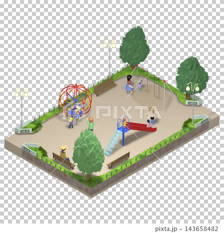 【アイソメトリック素材】児童公園・長方形　透明PNG　人物あり 143658482