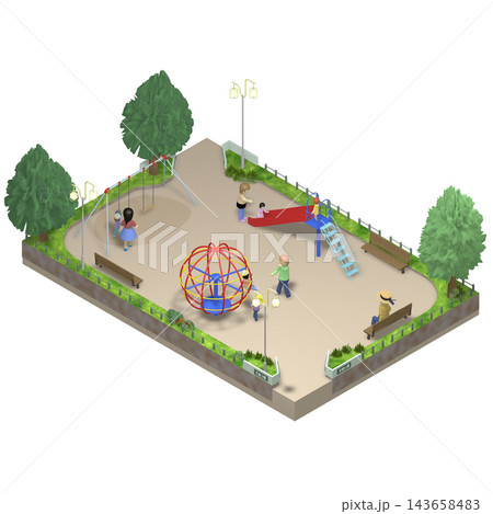 【アイソメトリック素材】児童公園・長方形　透明PNG　人物あり 143658483