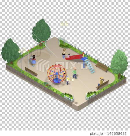 【アイソメトリック素材】児童公園・長方形　透明PNG　人物あり 143658483