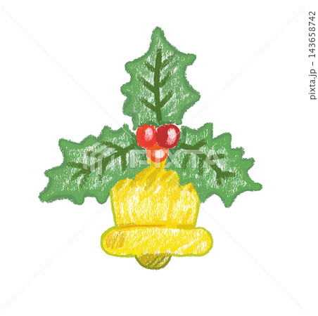 ヒイラギの葉と赤い実がついた手描きクレヨン風の黄色いクリスマスベル 143658742