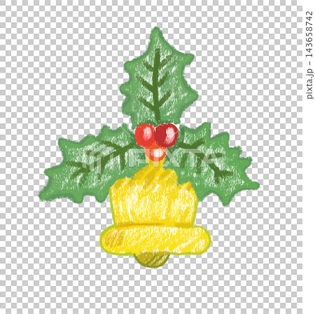ヒイラギの葉と赤い実がついた手描きクレヨン風の黄色いクリスマスベル 143658742